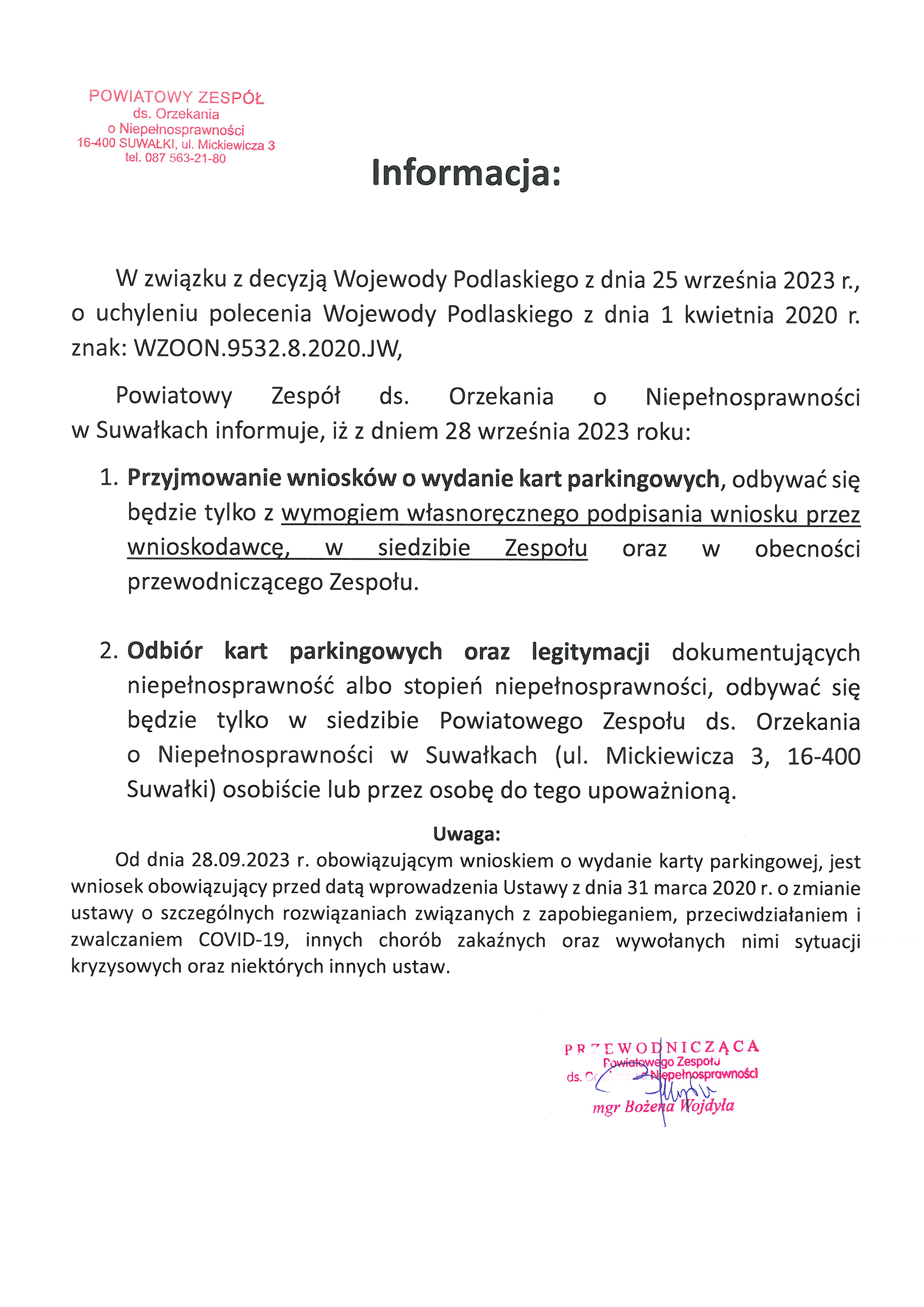 Powiatowy Zespół ds. Orzekania o Niepełnosprawności w Suwałkach informujePowiatowy Zespół ds. Orzekania o Niepełnosprawności w Suwałkach informuje